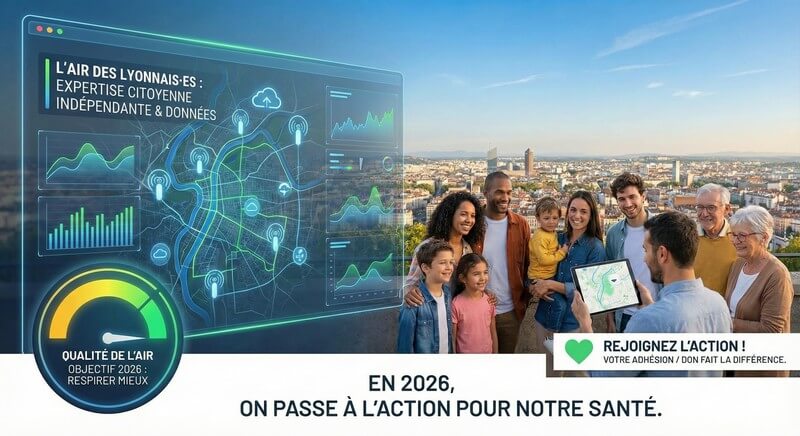 Visuel de campagne 2026 de l’association L’air des Lyonnais·es : skyline de Lyon, scène de mesure de la qualité de l’air et atelier citoyen, avec les mots-clés “Mesurer, Sensibiliser, Agir, Protéger” et un bouton “Je soutiens"