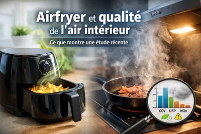 Airfryer et poêle sur une plaque de cuisson, comparaison de la qualité de l’air intérieur pendant la cuisson